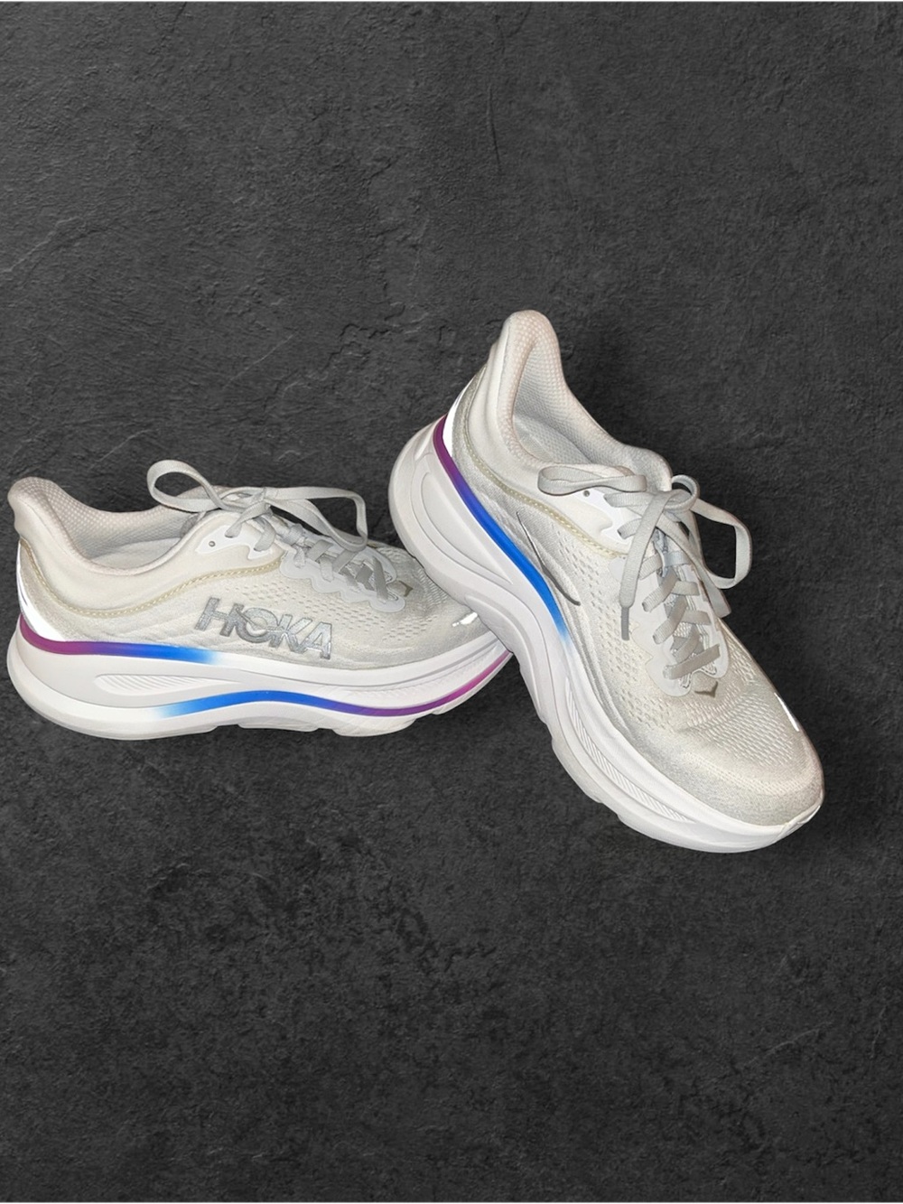 Hoka Women’s White Running Shoes with Blue & Purple Gradient Accents